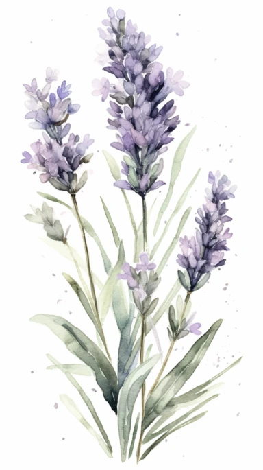 watercolor clipart of Lavendel, white background, pastel tetradic colors, focused on the character,