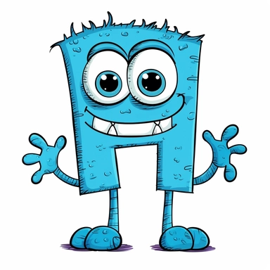 clipart style blue letter H with black line, with arms, legs and friendly cute face for children, isolated, white background,