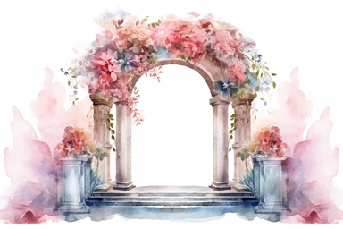 an adorable wedding altar, Watercolor Sublimation, Clipart, fantasy, colorfull, flower, white background, high detail
