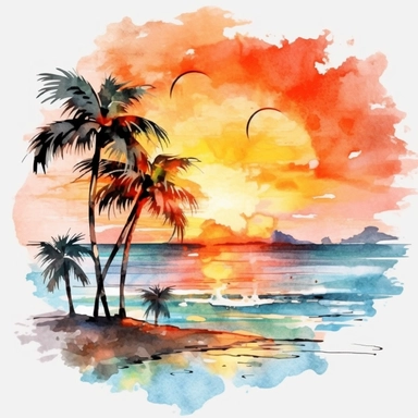 Clipart on white background Beach Sunset landscape water color