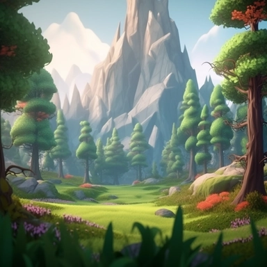 Animated pixar style enchanted forest with mountains background, maxim quality, high-quality drawing, clipart, full illustration, 4k, sharp focus, smooth, concept art, fairy tales, Octane rendering, 3d