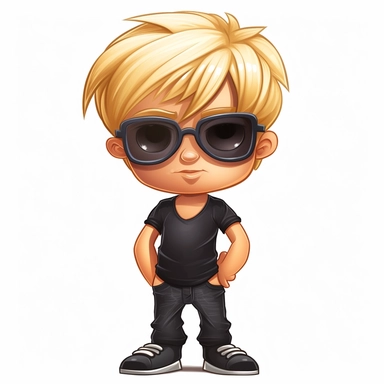 simple clipart cartoon of a 4 year old boy with blond hair and sunglasses, wearing a plain black T-shirt with arms crossed on a white background