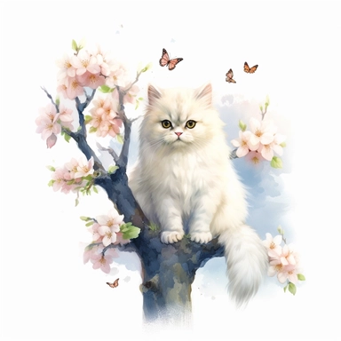 A persian cat sitting proudly on a tree branch, with a few butterflies flying, looking off into the camera, with a few spring leaves framing the scene, watercolor by Liu Yi, clipart, solid background, 8k
