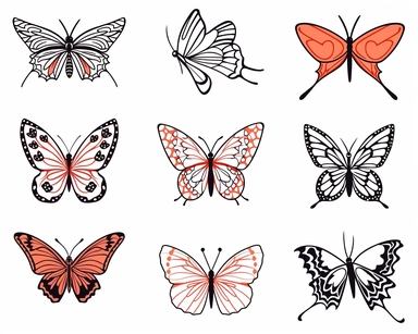 create lineart clipart of butterflies, clean bold black lines, simple designs, isolated on a white background, wide margins, high quality, high contrast
