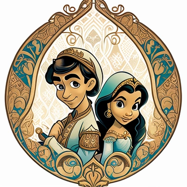 fairy tale, young prince aladdin and princess jasmine, png clipart, in the style of animated film pioneer, arabesque, arabesque/scroll, orient-inspired