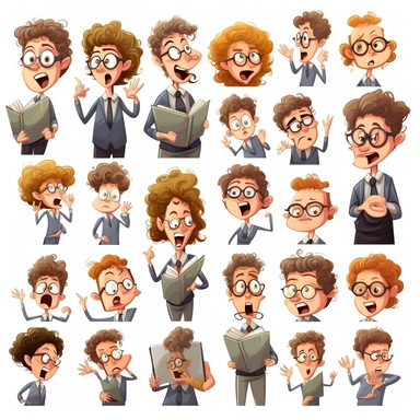 25 female teacher clipart, scared and happy, funny, children book style, hyperdetailed,