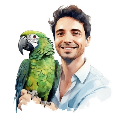 Adorable pet Amazon Parrot having happy moment with it's human owner, water color style, clipart, white background