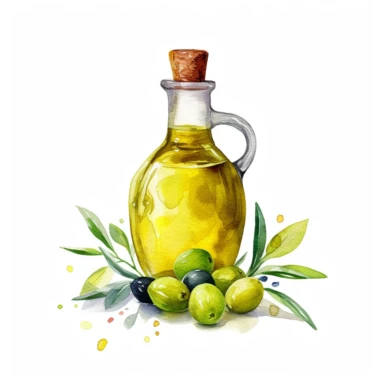 watercolor olive oil in a vintage glass bottle, clipart, 2d game art, illustration, highly detailed full body isoleted white background, naturecore