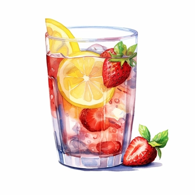 watercolor summer strawberry lemonade, in the style of Cecily Mary baker, white background, clipart