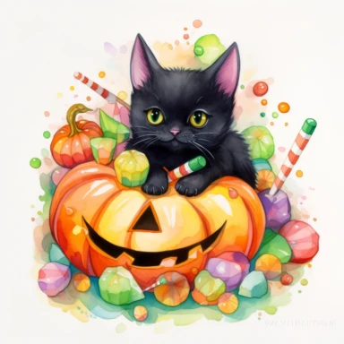a large Halloween pumpkin, pumpkin is filled with colorful wrapped candies, lollipops, and candy corn, inside the pumpkin is a cute little black kitten with big green eyes, scattered candy is laying flat around the pumpkin, Halloween colors, magic, fantasy, watercolor, clipart style, white background with margins