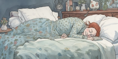 ull body 50-year old woman with dark auburn hair asleep in a queen sized bed, she is wearing sky-blue pajamas, she is wrapped in quilts over herr shoulders, laura ashley designed sheets, watercolor, and ink drawing, clipart, happy, gentle smile, beautiful watercolor ink wash coloring, thick pencil lines, Jon klassen, Adrian tomine, popular on etsy, watercolor illustrations clipart, watercolor illlustrations for kids, white background