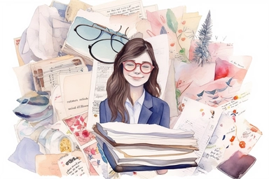 header index banner image for an photographer and lawyer, many papers and documents, what would be liked by photographers, clipart 2D, watercolor style, white border, white background, happy emotions