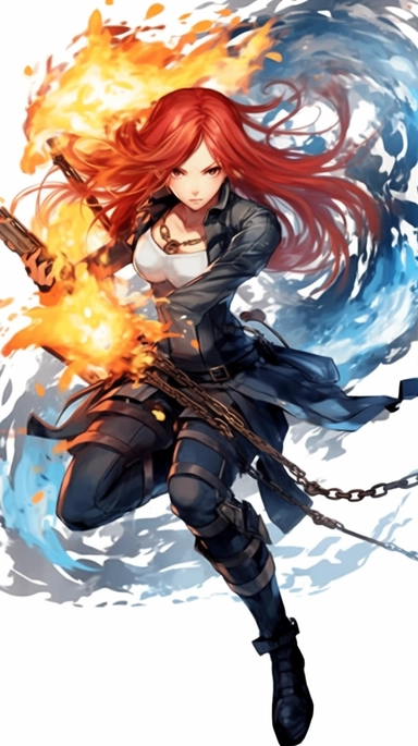 an anime character with red hair and blue flames, transparent background png clipart,anime,a city,a person with red hair and black clothes holding a sword in her hand,friends