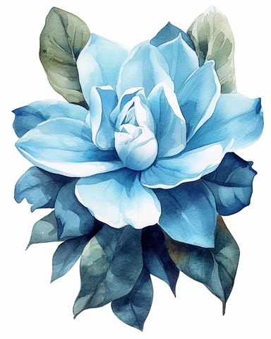 detailed watercolorart big blue gardenia head no leaves , isolated on white background, realistic, clipart