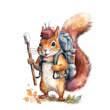 one squirrel holding a cane and carrying a backpack Watercolor clip art on a white background, in the style of charming character illustrations, realistic brushwork, detailed costumes, adventurecore, cottagepunk, handheld, wallpaper , no watermark, text, 300 DPI , typography, shapes do not stick together, no text in the picture, on a white background