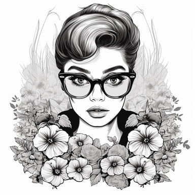 hand drawn young Audrey Hepburn and big flowers. Breakfast at Tiffany's face scene. Vector illustration, clip art, coloring book style