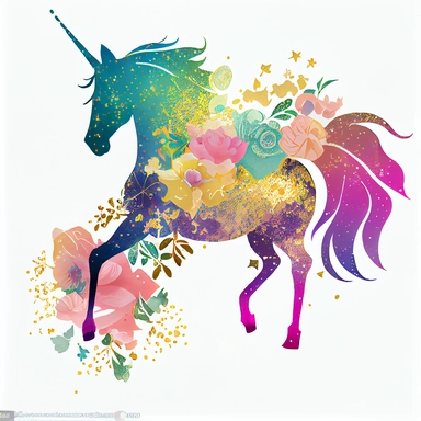 Beautiful, colofrul unicorn, magic horse, pegasus silhouette, rainbow color with shiny golden glitter and watercolor floral, flowers bouquet, clipart, details