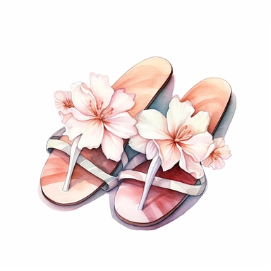 hand drawn , watercolor, hyper realistic, white background, white margins, 16k, ultra detailed clipart, cut out image, hand-drawn, ultra HD, sharp and clean art a vintage flip flops with delicate floral , capturing the romantic and feminine aesthetics often associated with vintage fashion and travel. light pink pastel