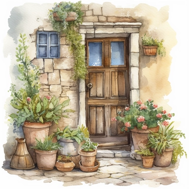Create a beautiful watercolor clipart vignette of a rustic Mediterannean cobblestone courtyard with a collection of potted plants and potted tree against a painted rustic wooden cottage door. The composition should be set against an isolated white background, with a bright and airy feel. Focus on capturing intricate details such as the delicate petals of the roses. Use a loose and fluid watercolor technique to create a sense of movement and lightness. Experiment with the use of negative space to