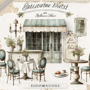 antique vintage style french bistro clipart sets, watercolor style, distressed, white background