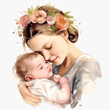 Mother's Day clipart, Watercolor, mother, baby in her arms, happiness, love, kindness, life, clipart, photorealistic