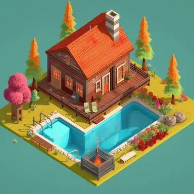clipart, one-story wooden country house with a fire and a swimming pool, isometric, bright colors, high detail, digital art