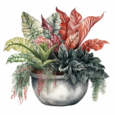a tropical planter with caladium plant, calathea dottie ferns, and ghost ferns in a black pot , watercolor sketch, clipart,white background
