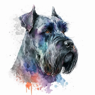 giant schnauzer dog head portrait, full body, watercolor style, portrait, clipart, vector, completely white background