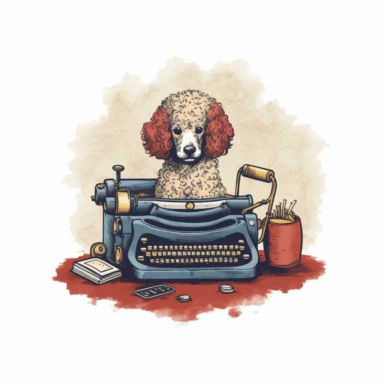simple clipart of poodle typing on an old typewriter, make the image so it is oval, like an icon type image, with the words nearby snipoodle in big letters