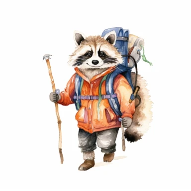 an adventurous watercolor clipart image with a white background, portraying a determined raccoon traveler with a backpack and a walking stick, conquering challenging terrains and seeking new horizons.
