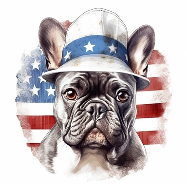 sticker, white background, merle pround french bulldog, in style Independence Day in usa, hat with an american flag, clipart