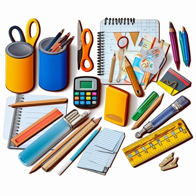 a sticker with office tools that includes pencil, eraser, pen, marker, paperclips, pushpins, bulldog clip, scissors, notebook, stapler, clipboard, tape dispenser, sticky notes, glue stick, vector png, in the style of quirky manga art, stan berenstain, naoki urasawa, animated gifs, 2d game art, object-oriented, happenings