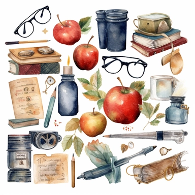watercolour clipart of a class teacher stuff, teacher objects and elements, full length, high quality, very high details , white background
