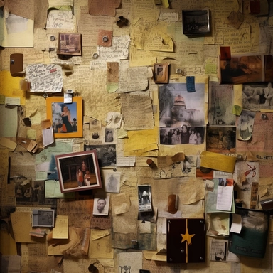 color photo of an Investigation Board full of old and new pictures and notes, close-up of one corner, unorganized, chaotic, messy, cluttered, overwhelming, textured, intricate, complex, detailed, with torn edges, faded colors, scribbles, post-its, lines, arrows, dates, labels, names, faces, maps, charts, graphs, and newspaper clippings — night, dimly lit, with a single lamp casting shadows and highlights on the board — camera settings: Canon EOS 5D Mark IV, Kodak Portra 800 35mm film, Canon EF 5
