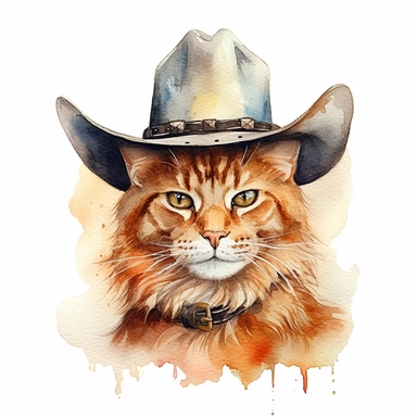 Charteux Cat with cowboy hat, watercolor, sharp illustration clipart, insane detail, white background