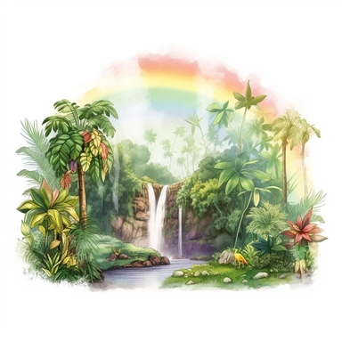 a watercolor of a rain forrest scenery with rainbow, realistic fantasy Style, vector free clipart illustration, in the style of unreal engine 5, 32k uhd, detailed features, white background