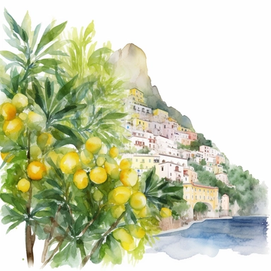 lemon trees infront of the Positano Beach, watercolor clipart, in the style of charming illustrations, meticulous design, painted illustrations, ferrania p30, sharp details, rich details, free brushwork, isolated white background