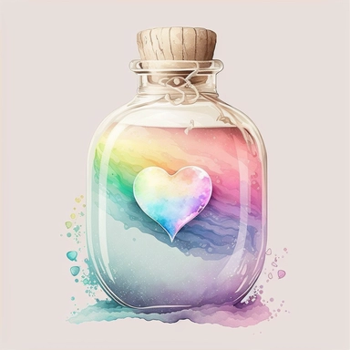 rainbow dream illusion pastel color water white background clear old rustic Heart Bottle classic potion Valentine's Day Clipart vintage watercolorrgb