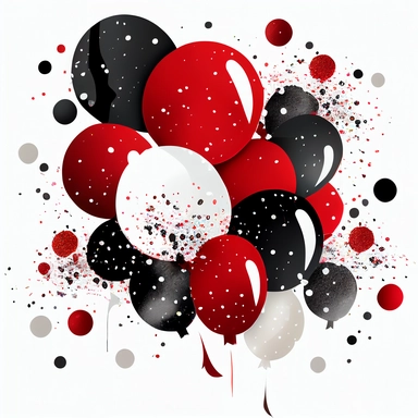 Red, Black and White Balloons Clipart, glitter and confetti party clipart for birthdays, white background, no shadows