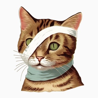 Vintage 1920 tabby cat with one eye closed & bandage Illustration, Chromolithograph, 1920s Illustration, Vintage, Chromolithograph, Colorful, Antique, Ephemera, Clipart, 8k, Isolated on white