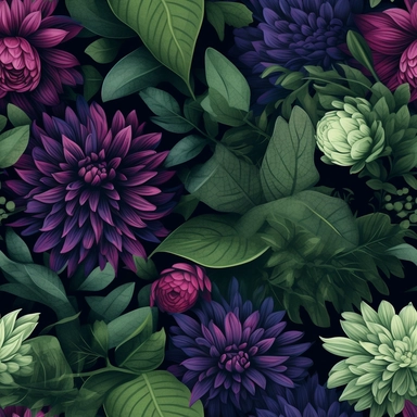 please create a seamless, vintage floral tiled pattern, variety of flowers in dark shades of indigo, plum, maroon, forest green, charcoal, 3d textured effect, uhd, 32k, vector, clipart,