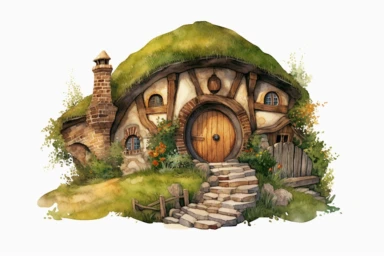 hillside hobbit home, watercolor clipart