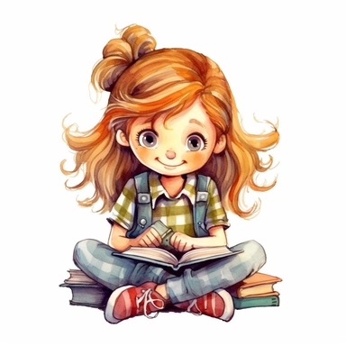 hand drawn, of a cute school girl reading book, illustration Watercolor clipart, katie daisy style, single object,png,transparent, white background for removing background - - no text shadow font watermark