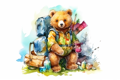 Adorable bear on adventure, camping gear, vivid colors, ornamental watercolour clipart, I can't believe how beautiful this is