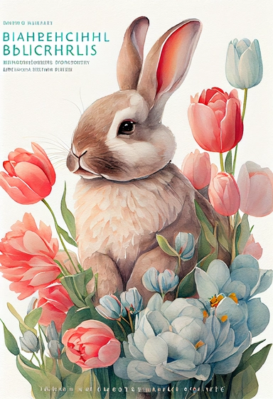*super cute bunny clipart + watercolor + tulips and spring flowers + detailed and intricate + soft water color + hypermaximalist + elegant + detailed + realistic + illustrated by richard johnson, disney style + winner of the award for best children's book illustrations + full illustration + on white background + 8k