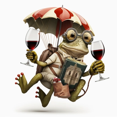 studious toad with glasses and red wine in his hand while parachuting from the Eifel tower, vintage, funny, white background, clipart, no shadows, caricature