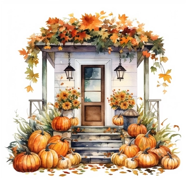 vector watercolor cute Fall Autumn vintage Autumn porch with fall autumn flowers decor clipart on white background, fall, vintage holiday autumn porch, photorealistic, ultrarealistic, no background, on white