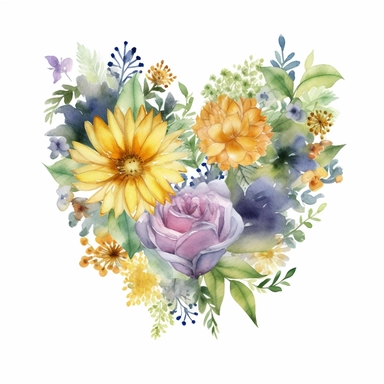 a beautiful watercolor clipart, colorful spring floral heart, yellow flowers, Purple dahlias, earl grey roses, Greenery and ruscus, green flowers, and blue flowers, white background, 8K