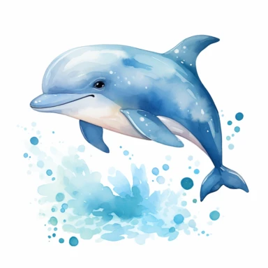 Create a watercolor clipart illustration of a gentle, cute and adorable dolphin. Emphasize its cute features, such as large eyes, a sweet smile, and soft, rounded tentacles. Use a soft and delicate color palette, with subtle shades and pastel tones. The clipart must be on a solid white background to capture the softness and charm of the character