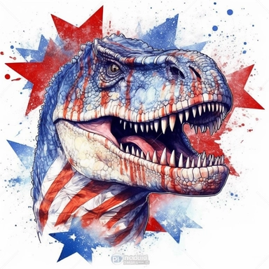 Realistic Dinosaurs illustration, black Giganotosaurus, patriotic pattern, Stars and Stripes, red, white, blue, watercolor, 2d game art, quadratura, clipart, on white background,